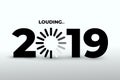 Doodle with 2019 loading. New year download screen. Progress bar almost reaching new years eve. Vector illustration. Isolated on Royalty Free Stock Photo