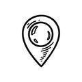 Doodle location pin icon. Hand drawn sketch gps location marker. Travel navigation pointer
