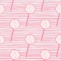 Doodle lollipop ornament hand drawn seamless pattern. White tones sweet print on background with pink strips Royalty Free Stock Photo