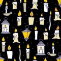 Doodle magic burning floating candles seamless pattern