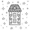 Doodle magic house at night coloring page. Sweet dreams black and white card