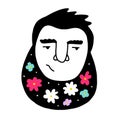 Doodle male face with flowers in beards, hair