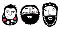 Doodle male faces with flowers in beards, hair set Royalty Free Stock Photo