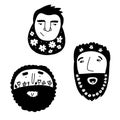 Doodle male faces with flowers in beards, hair set