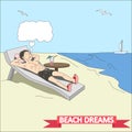 Doodle man dreams at the beach vector