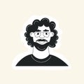 Doodle man face avatar with mustache beard curly haircut and glasses. Hipster guy portrait sticker with trendy hair Royalty Free Stock Photo