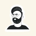 Doodle man face avatar with mustache beard haircut and glasses. Hipster guy portrait sticker with trendy hair. Hand