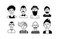 Doodle man. Hand drawn male faces with contemporary haircut and beard, social media user avatars, hipster man portrait, modern