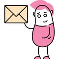 Doodle man holding mailing envelop vector icon