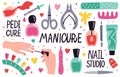 Doodle manicure equipment. Nail manicure tools, scissors, nail polish, tweezers and nail file, manicure accessories