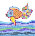 Doodle marker drawing of fish and water