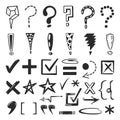 Doodle marks and signs. Sketch question, exclamation sign. Grunge doubt and check elements. Tick markers, yes and no