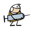 Doodle masked doctor holds a huge syringe with a vaccine against the virus and disease. Vector illustration of salvation