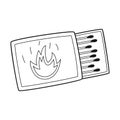 Doodle A matchbox with matches. Camping igniter. A fire starter. Equipment for tourism, travel, picnic, hiking, sports. Outline