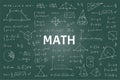Doodle math blackboard. Mathematical theory formulas and equations, hand drawn school education graphs. Vector geometry Royalty Free Stock Photo