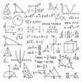 Doodle math, formula maths and mathematics scribble homework. Various charts and geometry shapes, physics formula neoteric vector