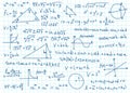 Doodle math formulas. Handwritten mathematical equations, schemes on notebook squared paper. Algebra or geometry