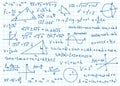 Doodle math formulas. Handwritten mathematical equations, schemes on notebook squared paper. Algebra or geometry