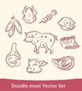 Doodle meat set isolated on white background. Vector