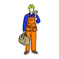 Doodle mechanic with a bag of equipments and big wrench on his h Royalty Free Stock Photo