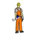 doodle mechanic holding big wrench on his right hand vector illustration sketch hand drawn with black lines isolated on white Royalty Free Stock Photo