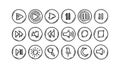 Doodle media and video interface circle buttons. Set of hand drawn sketch control icons. Lap top keyboard. Play, pause, stop, Royalty Free Stock Photo