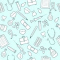 Doodle medical seamless pattern. Set of medicine icons