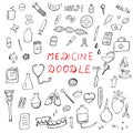 doodle medicine, vector hand drawn set, medicine elements Royalty Free Stock Photo