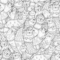 Doodle mermaid cats black and white seamless pattern. Coloring page