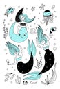 Doodle mermaid set. Cute little underwater character, princess fish tail, adorable ocean fantasy creature, kids fairy tale girl, t