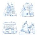 Doodle modern business office, industry factory buildings, warehouse sketch hand drawing vector set