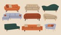 Doodle modern furniture set. Comfortable sofa couch mid century contemporary style, vector room decoration interior Royalty Free Stock Photo