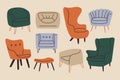 Doodle modern furniture set. Comfy chairs mid century contemporary style, vector armchairs, room decoration interior Royalty Free Stock Photo