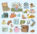 Doodle money icon set , hand drawn illustration