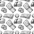 Doodle money seamless pattern background. Hand draw vector illustration.