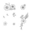 Doodle monochrome flower and leaf in black and white outline. Trend elements design, vector hand drawn illustration. Royalty Free Stock Photo