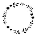 Doodle monochrome heart and leaf circle frame on a black background. Wreath of leaves. Ready template for design, postcards, print