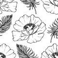 Doodle monochrome poppies feathers seamless pattern background texture vector