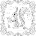 Doodle monochrome squirrel in flower frame monochrome sketch, coloring page antistress stock vector illustration