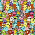 Doodle monster pattern seamless Color. Cartoon character background. vector texture