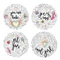 Doodle motivation set text for girls in round form colored. Cute fun vector motivation quote with strawberry, lollipop