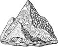 Doodle mountain coloring page. Cartoon artwork with nature eleme