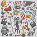 Doodle movie icon sets stock vector coloring illustration