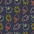 Doodle mushrooms, apples and leaves seamless pattern. Autumn print for tee, paper, fabric, textile. Hand drawn vector illustration Royalty Free Stock Photo