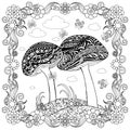 Doodle mushrooms in flower frame monochrome sketch, coloring page antistress stock vector illustration