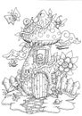 Doodle mushrooms house for coloring book for adult