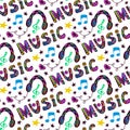 Doodle music seamless pattern with headphones and Royalty Free Stock Photo