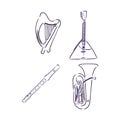 Doodle musical instruments set, vector, set of musical instruments, vector sketch illustration Royalty Free Stock Photo