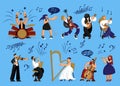 Doodle musicians, jazz music people. Cute funny band, art notes, woman and man characters, cartoon sketch style drummer