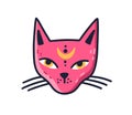 Doodle muzzle of magic pink cat with moon on forehead vector flat illustration. Avatar of mystic feline character with Royalty Free Stock Photo